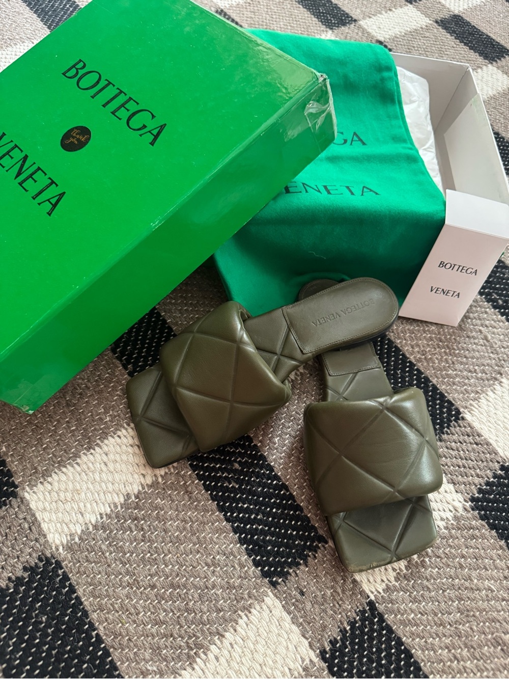 Bottega Veneta Olive Quilted Padded Leather Slides